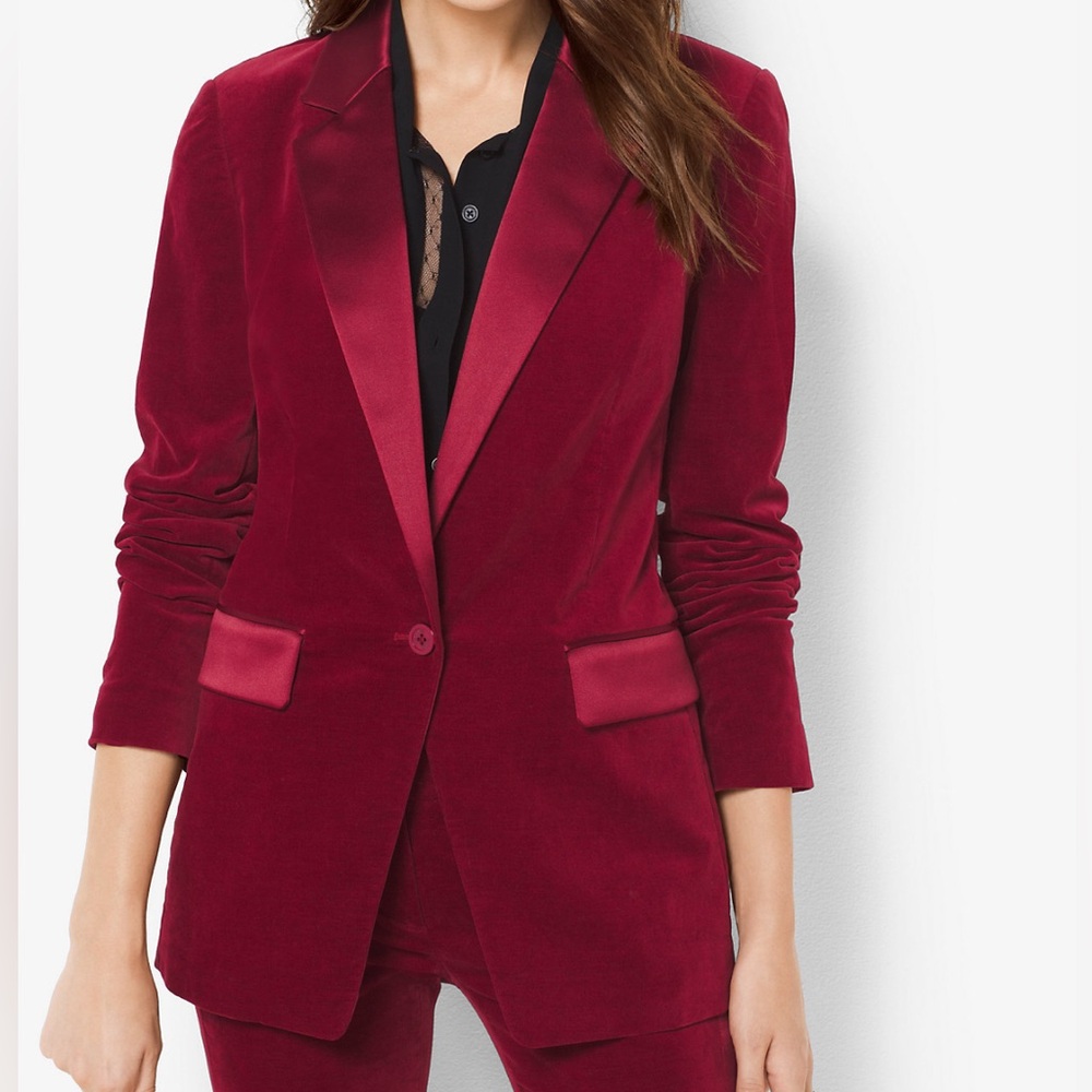 Luxury Michael Kors Red Velvet Tuxedo Blazer w/ Satin Lapel & Pockets Size 4